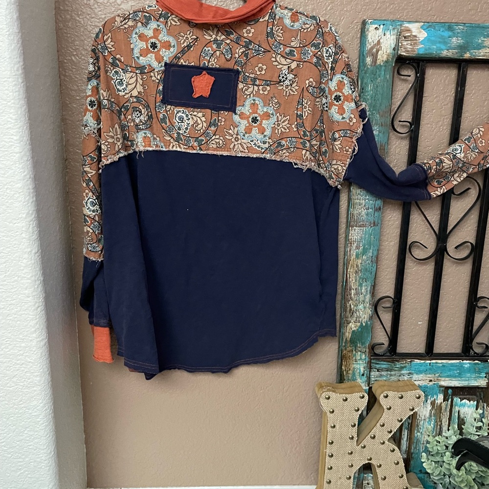 Pol Navy And Rust Patchwork Button Down Shirt - image 2